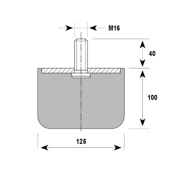 Tampon    amortisseur cylindrique caoutchouc Ø125 x 100 mm • Tige filetée M16 x 25 mm