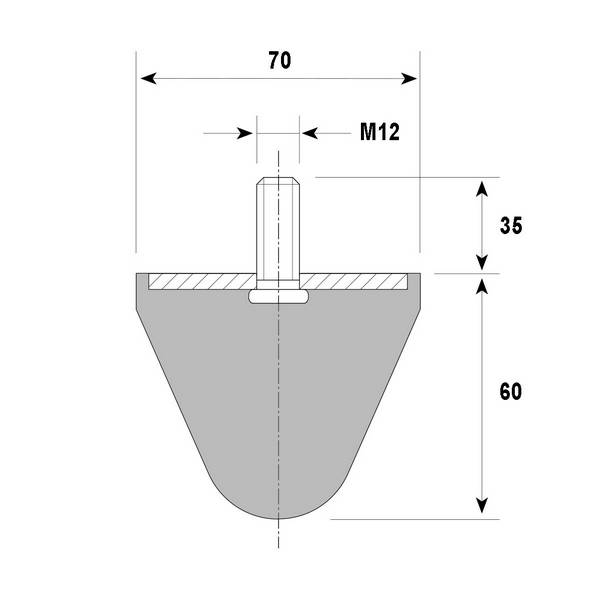 Tampon amortisseur conique caoutchouc Ø70 x 60 mm • Tige filetée M12 x 35 mm