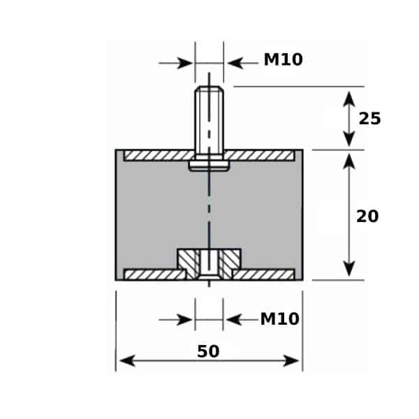 Tampon                   amortisseur cylindrique caoutchouc Ø50 x 20 mm • Tige filetée M10 x 25 mm